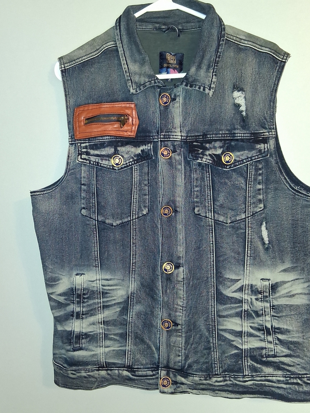 Men's Distressed Black Denim Vest with Brown Leather Zip Patch